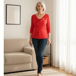 Anxiety Size XL Cowl Neck Blouse Red Orange 3/4 Sleeve Office Casual Workwear